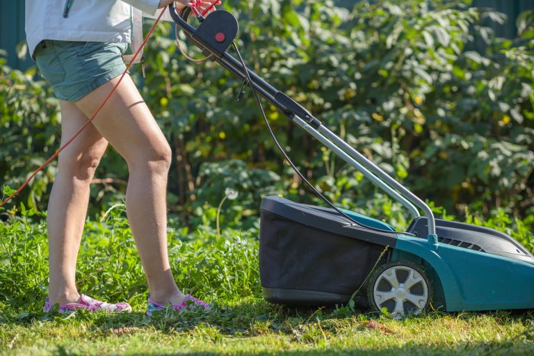Woman cuts the lawn with an electric mower